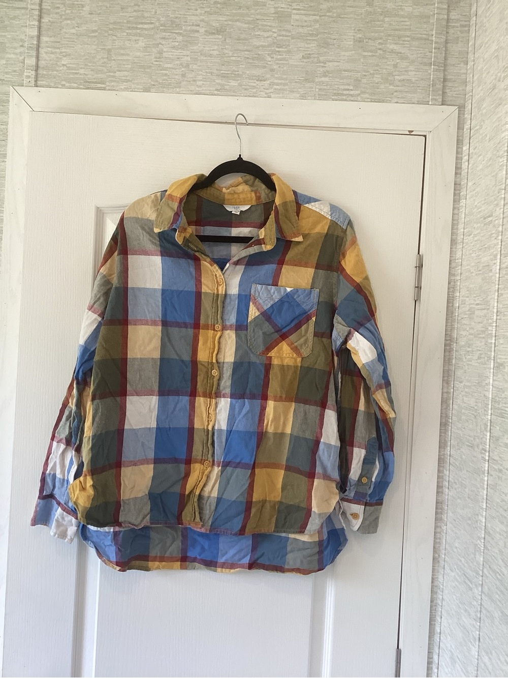 Time and Tru Plaid Button-Up Shirt in Yellow, Blue & White XL EUC